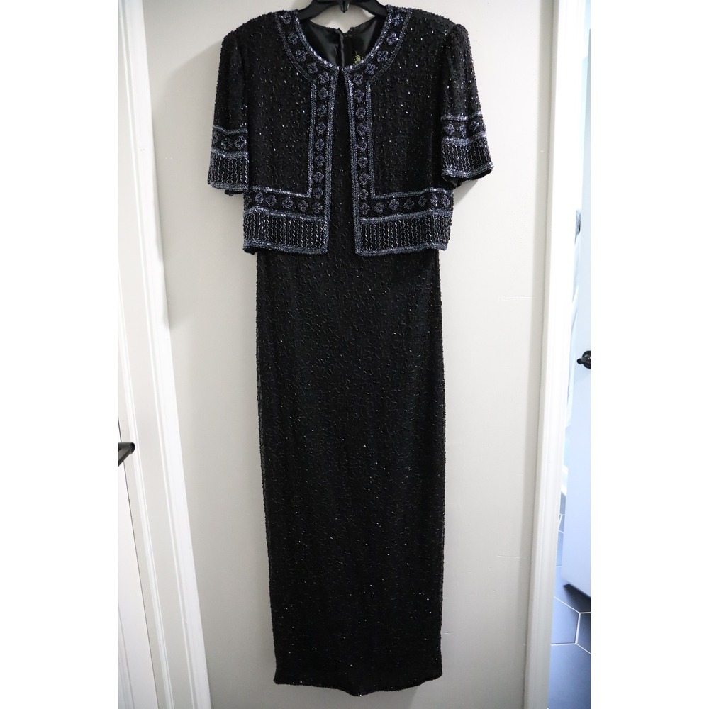 Bob Mackie Wearable Art Black Beaded Evening Gown and‎ Bolero Jacket Set Medium